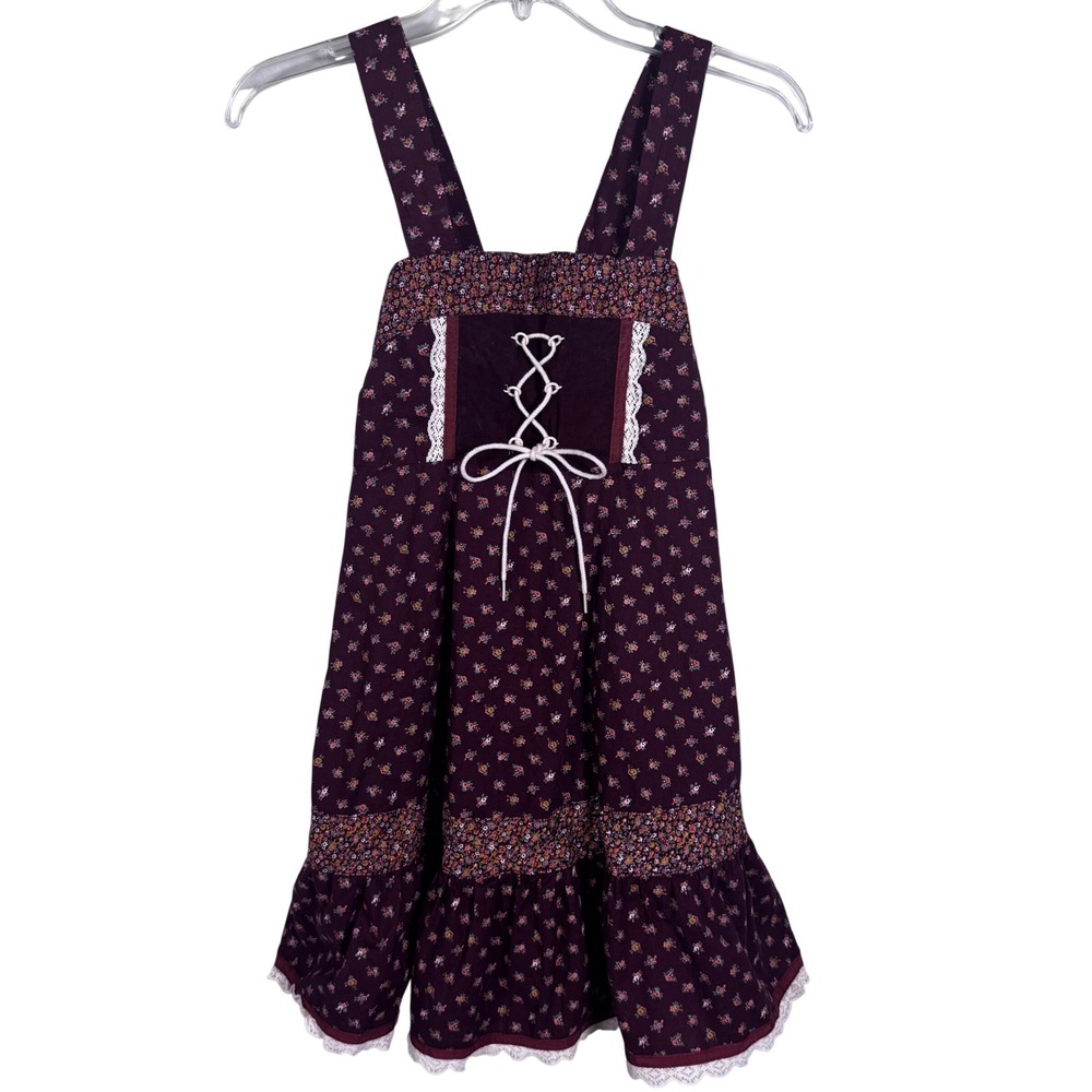 Vtg Sears Roebuck Prairie Dress Girls 12.5 Burgundy Floral Corset Lace Boho Folk - Picture 2 of 10